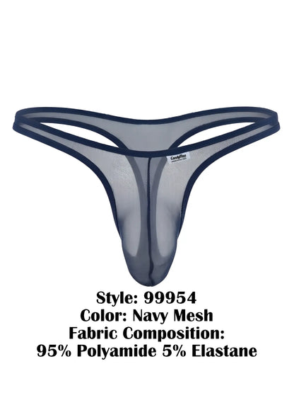 CandyMan 99954 navy blue sheer mesh thong with a minimalist strap design and a small branded front label.