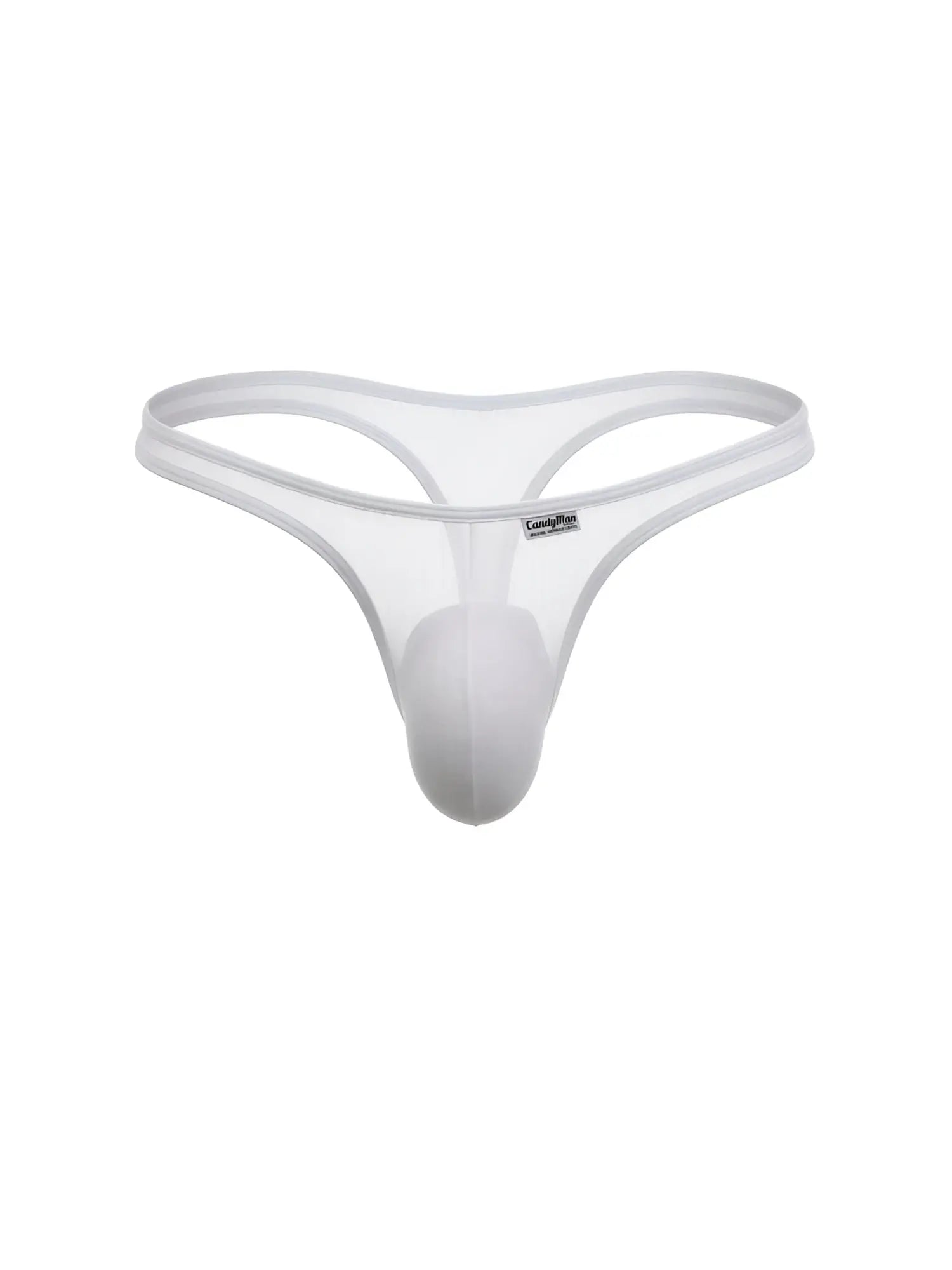 CandyMan white mesh thong with a contoured front pouch and minimal waistband on a white background.