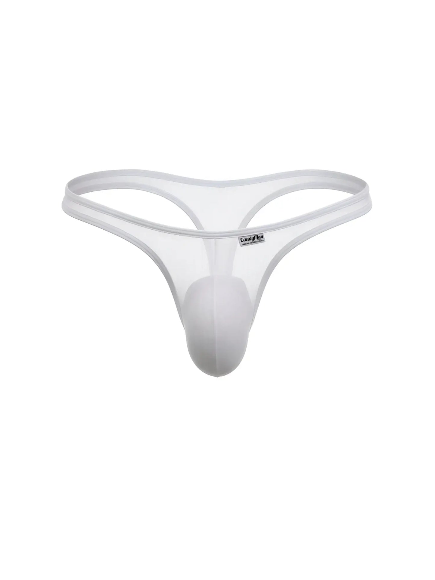 White CandyMan mesh thong with a contoured pouch and slim waistband.
