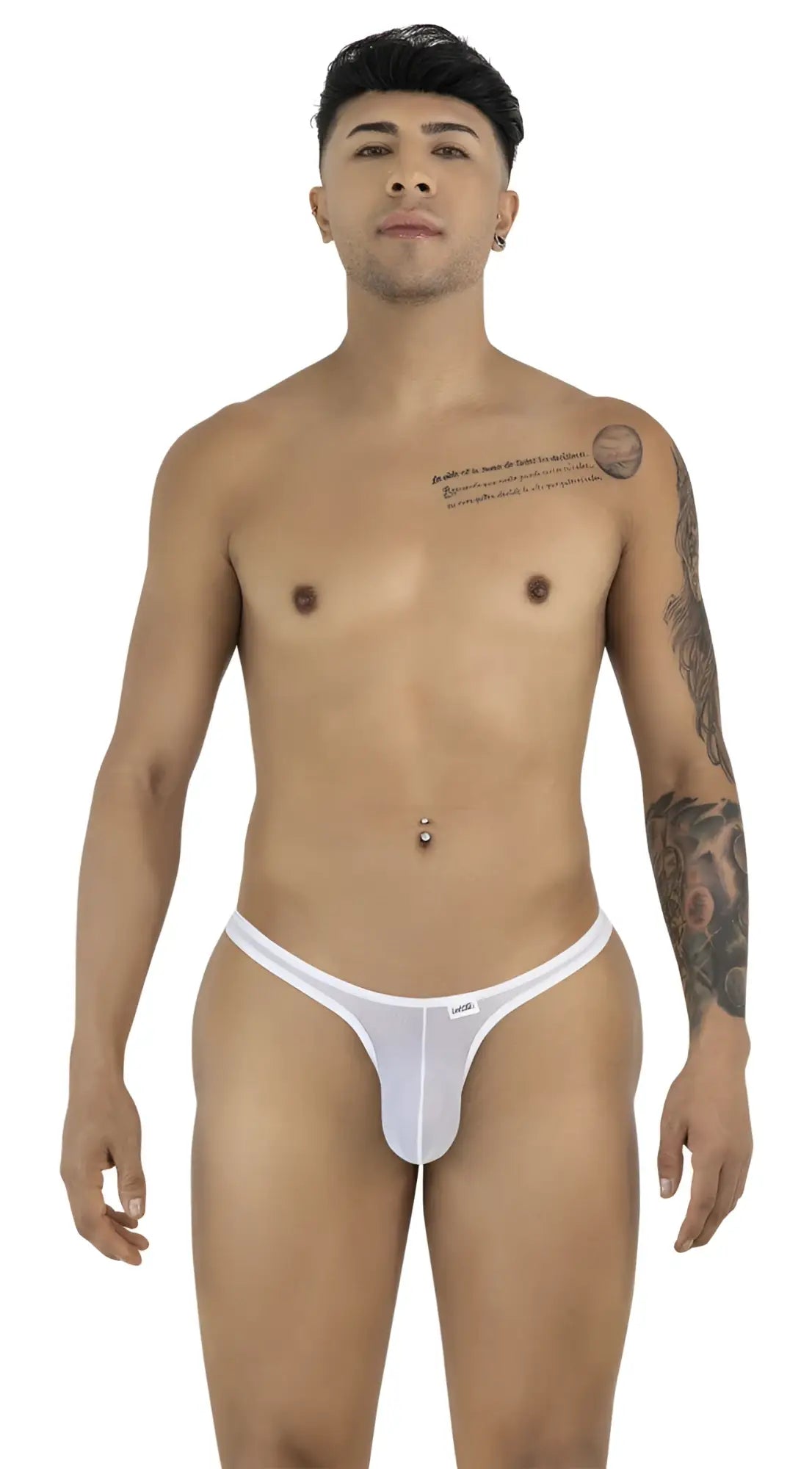 White CandyMan 99954 thong in sheer mesh fabric with a thin waistband and minimalist pouch design.