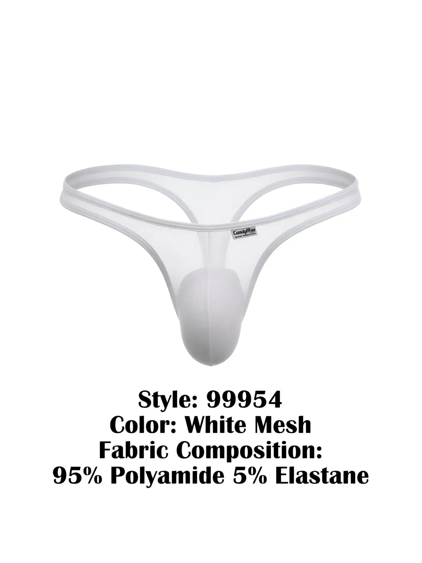 White CandyMan 99954 thong made of sheer mesh fabric with a contoured pouch and elastic waistband.