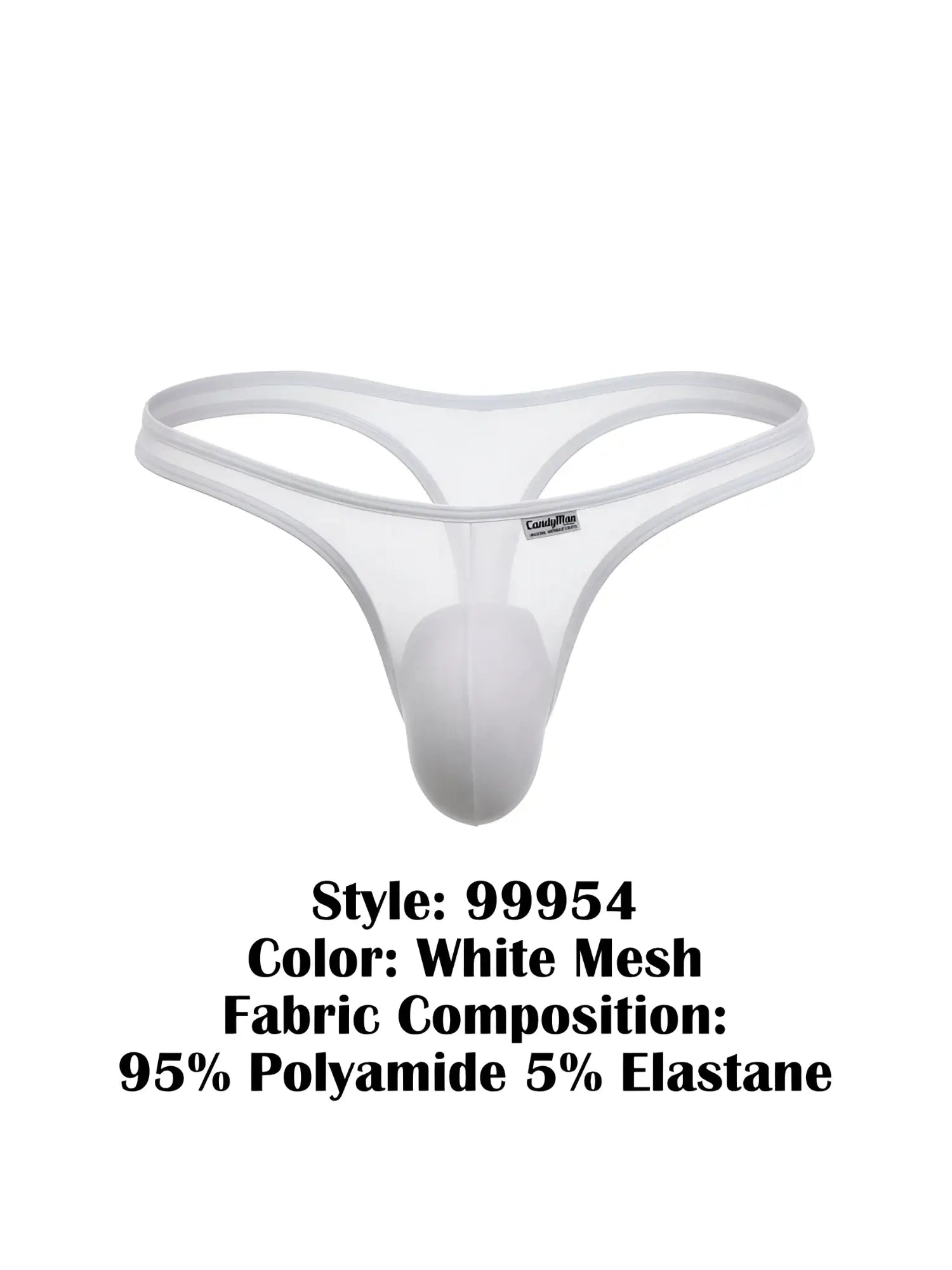 White CandyMan 99954 thong in sheer mesh fabric with a contoured pouch and thin waistband.