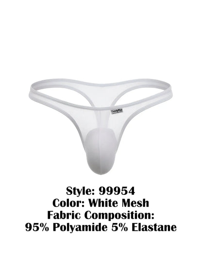 White CandyMan 99954 thong in sheer mesh fabric with a contoured pouch and thin waistband.