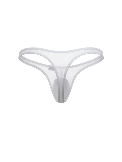 CandyMan white mesh thong featuring a minimalist design with thin side straps and a contoured front pouch.