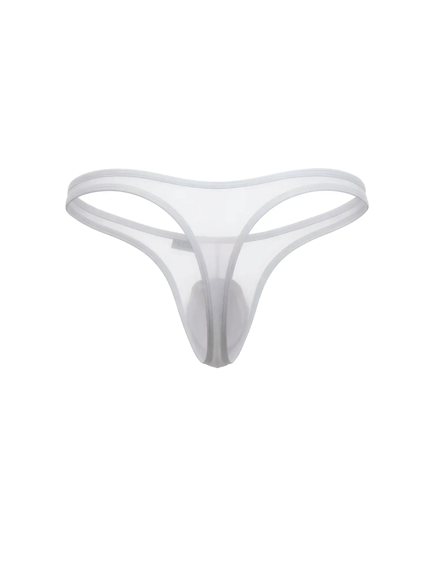 White CandyMan thong in sheer mesh fabric with a minimalist strap design and contoured front pouch.