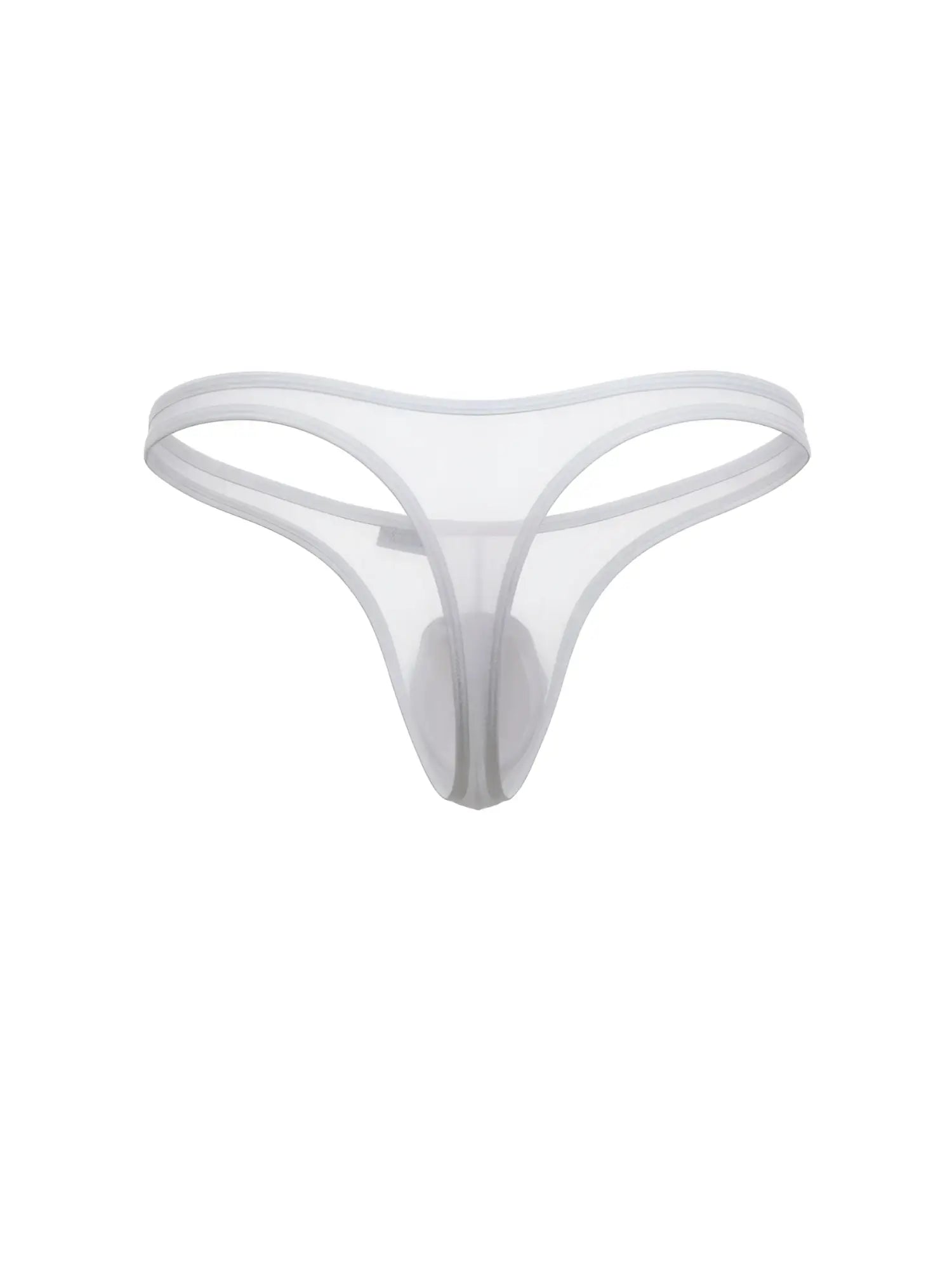 White CandyMan thong in sheer mesh fabric with a minimalist strap design and contoured front pouch.