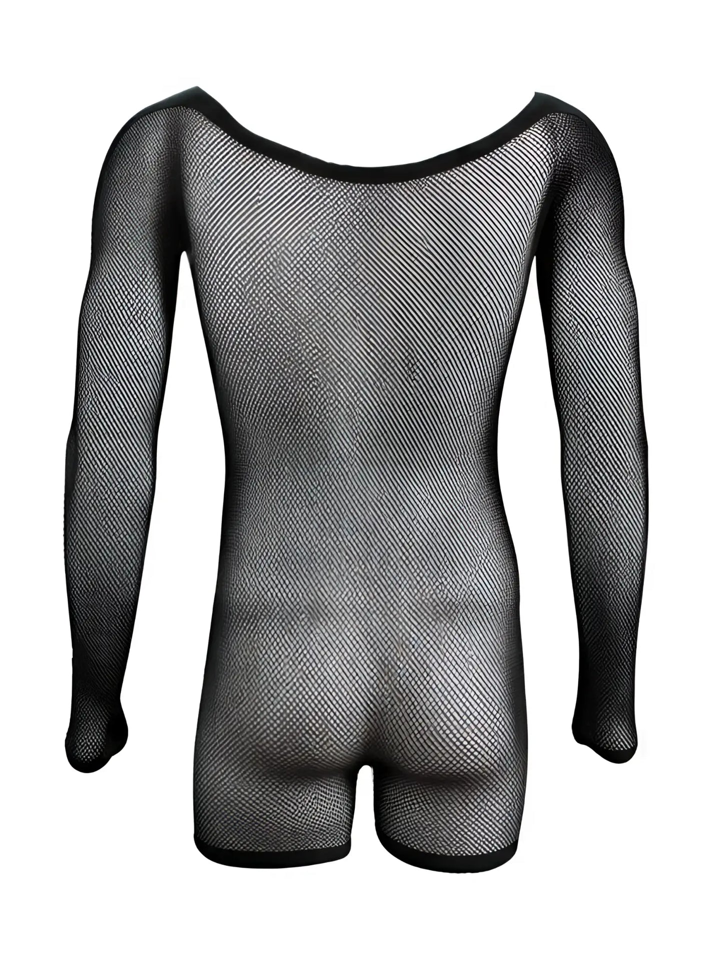 CandyMan black fishnet bodysuit with long sleeves, scoop neckline, and short leg cut.