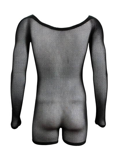 CandyMan black fishnet bodysuit with long sleeves, scoop neckline, and short leg cut.