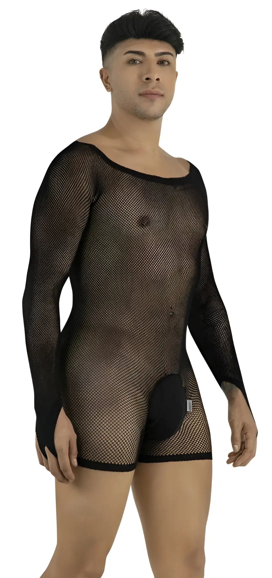 CandyMan black fishnet bodysuit with long sleeves, scoop neck, and an opaque contoured front pouch.