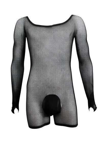 CandyMan black fishnet bodysuit with long sleeves, scoop neck, and an opaque solid fabric front pouch.