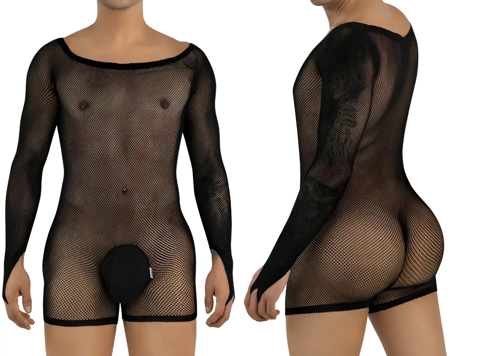 Black CandyMan 99955 long-sleeve mesh bodysuit with a solid pouch and scoop neckline shown front and back.