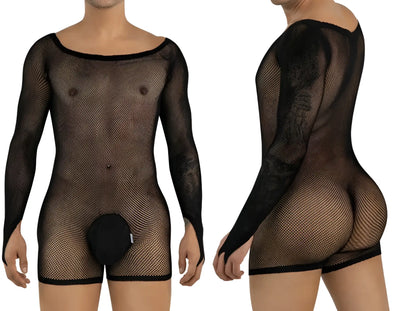 Black CandyMan 99955 long-sleeve mesh bodysuit with a solid pouch and scoop neckline shown front and back.