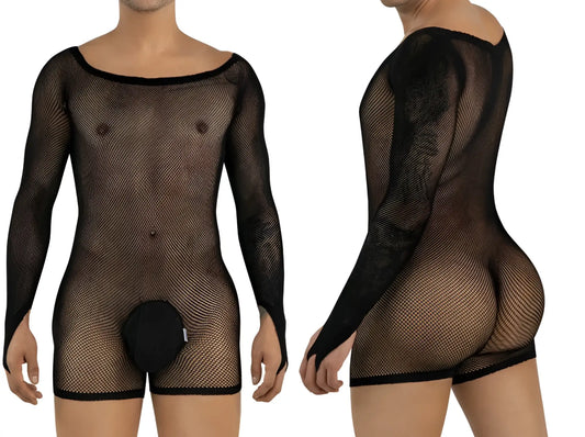 Black CandyMan 99955 long-sleeve mesh bodysuit with a solid pouch and scoop neckline shown front and back.
