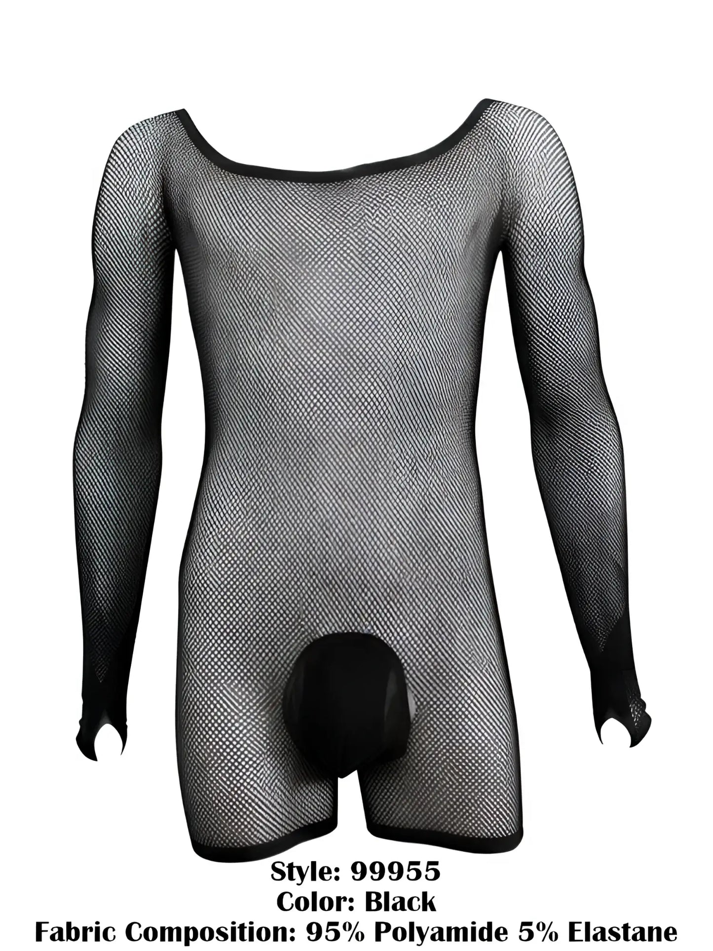 Black CandyMan 99955 long-sleeve bodysuit in sheer fishnet fabric with a solid opaque crotch pouch.