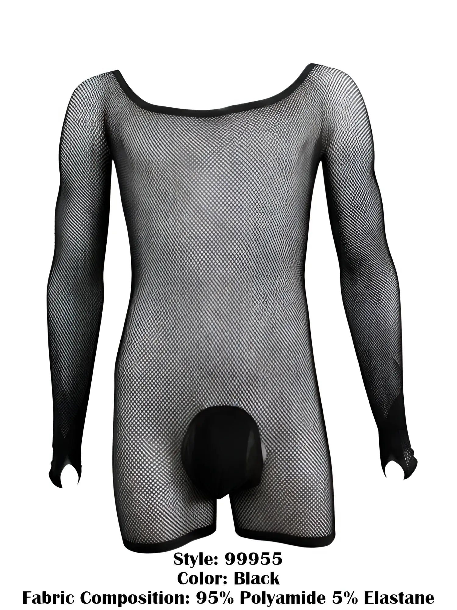 Black CandyMan 99955 long-sleeve bodysuit in sheer fishnet fabric with a solid opaque crotch pouch.