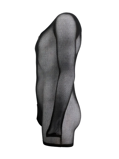 Side profile of a black CandyMan 99955 long-sleeve bodysuit in semi-sheer, diamond-patterned fishnet mesh fabric.