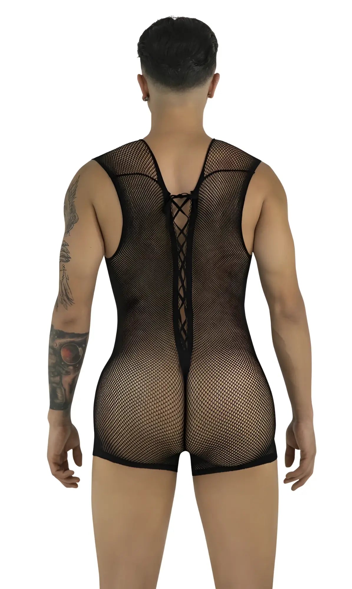 Back view of a black, sleeveless fishnet bodysuit with a lace-up detail along the center back.