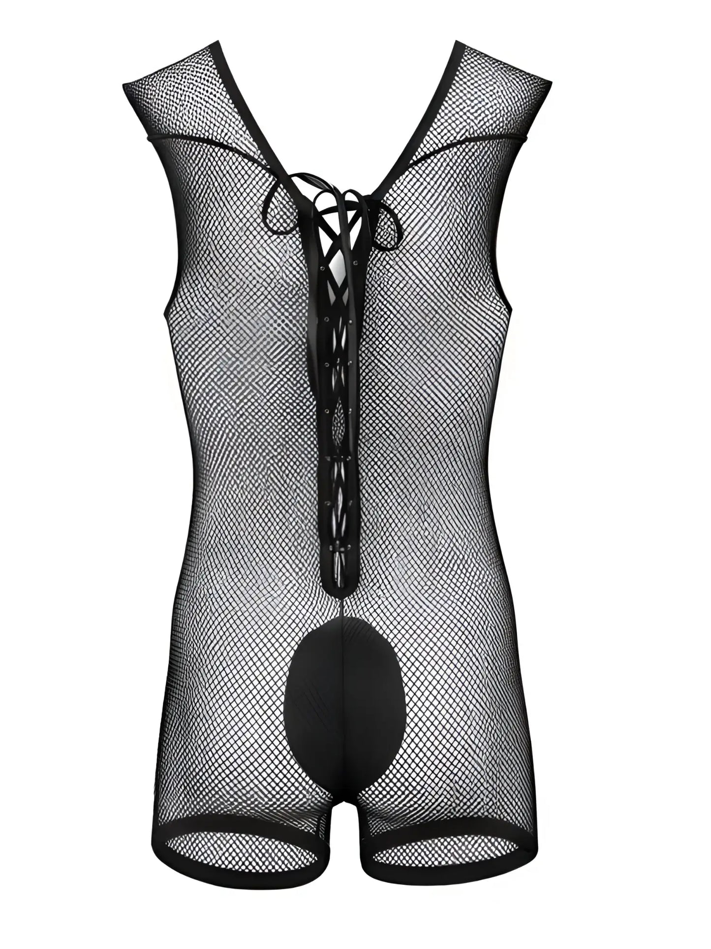 Black CandyMan mesh bodysuit with lace-up front detail and solid panel crotch.