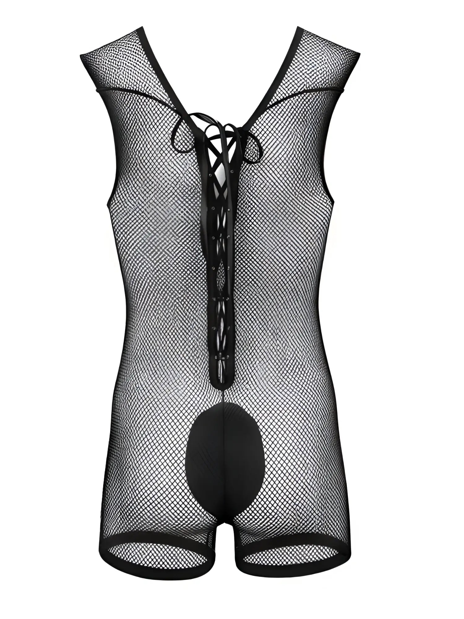 Black CandyMan mesh bodysuit with lace-up front detail and solid panel crotch.