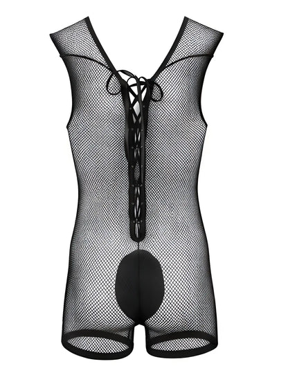 Black CandyMan mesh bodysuit with lace-up front detail and solid panel crotch.