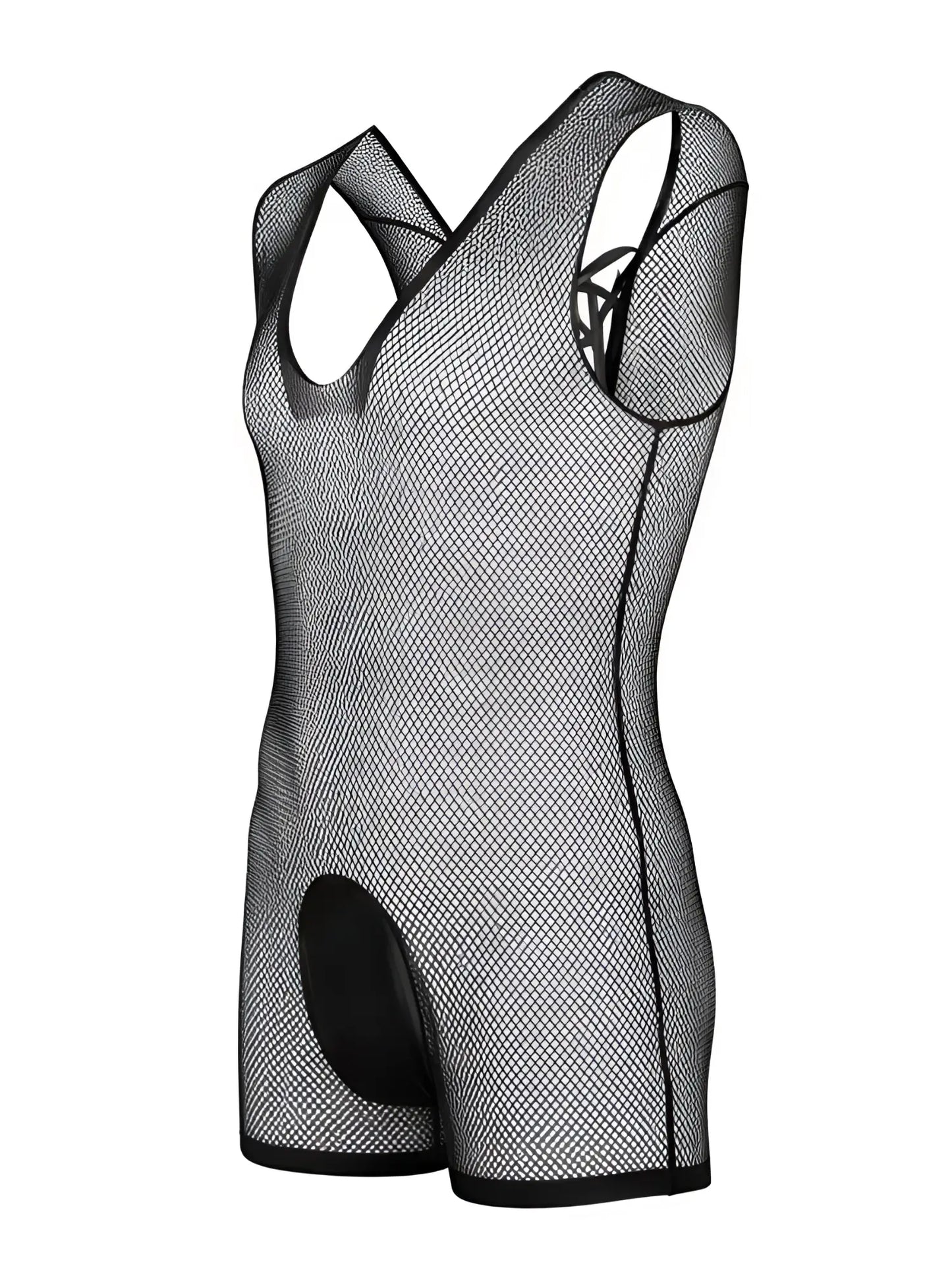 CandyMan black mesh bodysuit with a tank-top cut, racerback design, and solid black crotch panel.