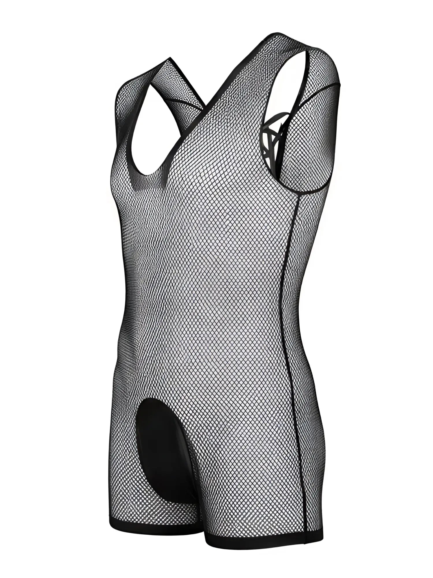 CandyMan black mesh bodysuit with a tank-top cut, racerback design, and solid black crotch panel.