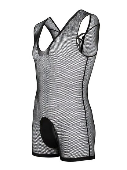 CandyMan black mesh bodysuit with a tank-top cut, racerback design, and solid black crotch panel.