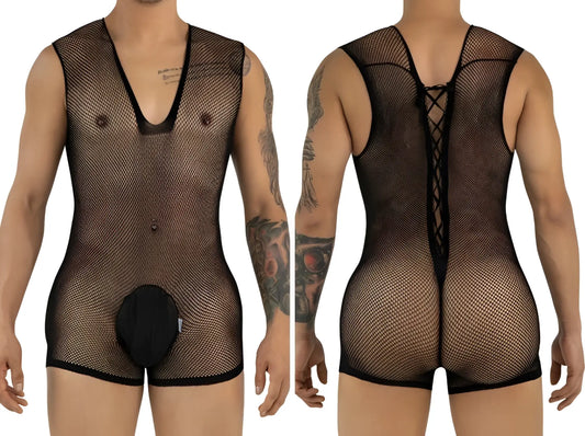CandyMan black fishnet bodysuit with V-neck, pouch front, and lace-up back detail shown from front and back.