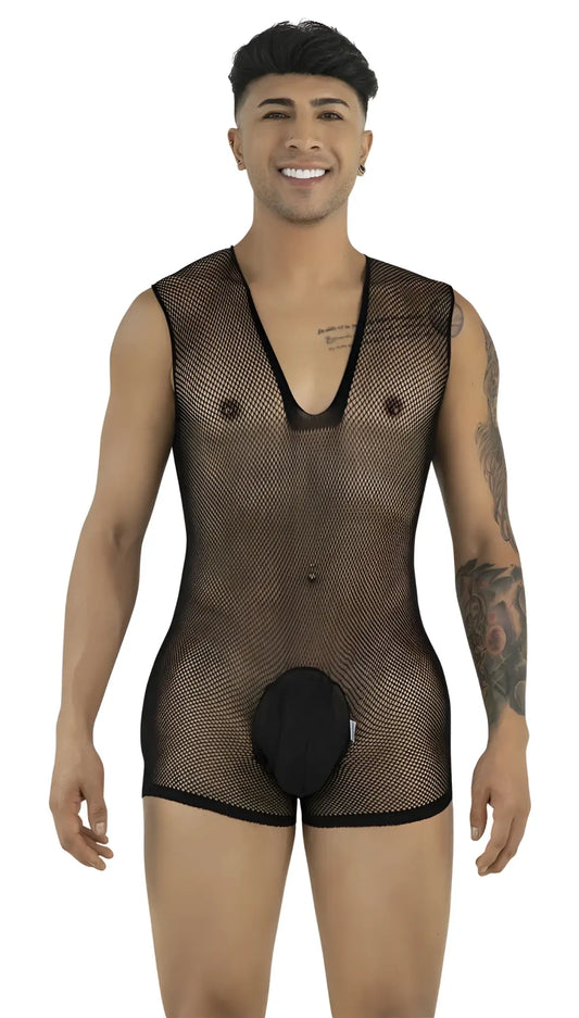 A man wears a black CandyMan mesh bodysuit with a deep V-neck and a solid black pouch.