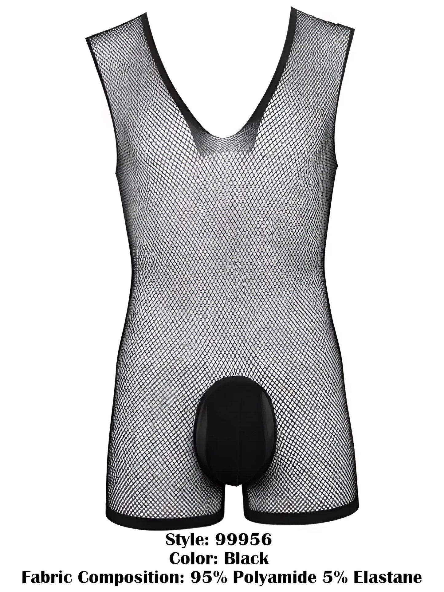 Black CandyMan 99956 sleeveless fishnet bodysuit with deep V-neck and solid opaque pouch.