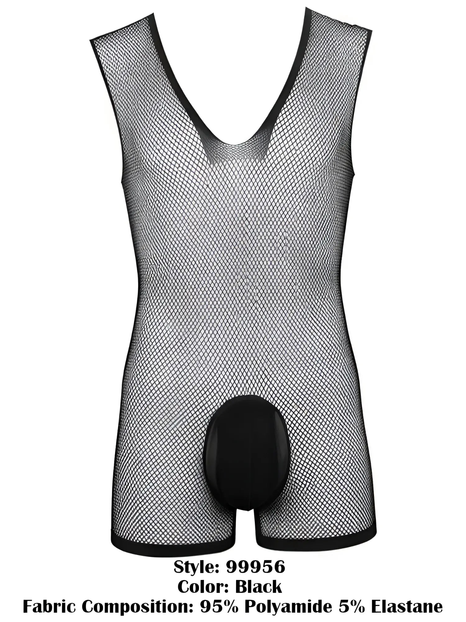 Black CandyMan 99956 sleeveless fishnet bodysuit with deep V-neck and solid opaque pouch.