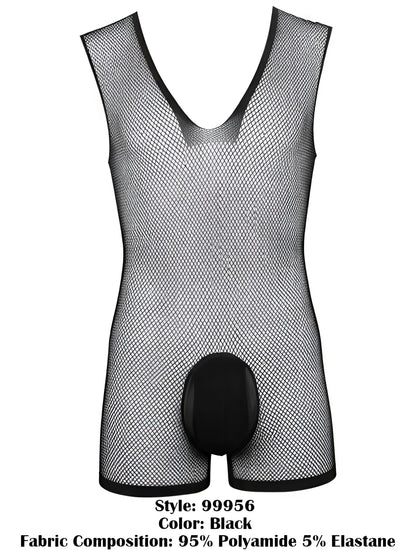 Black CandyMan 99956 sleeveless fishnet bodysuit with deep V-neck and solid opaque pouch.