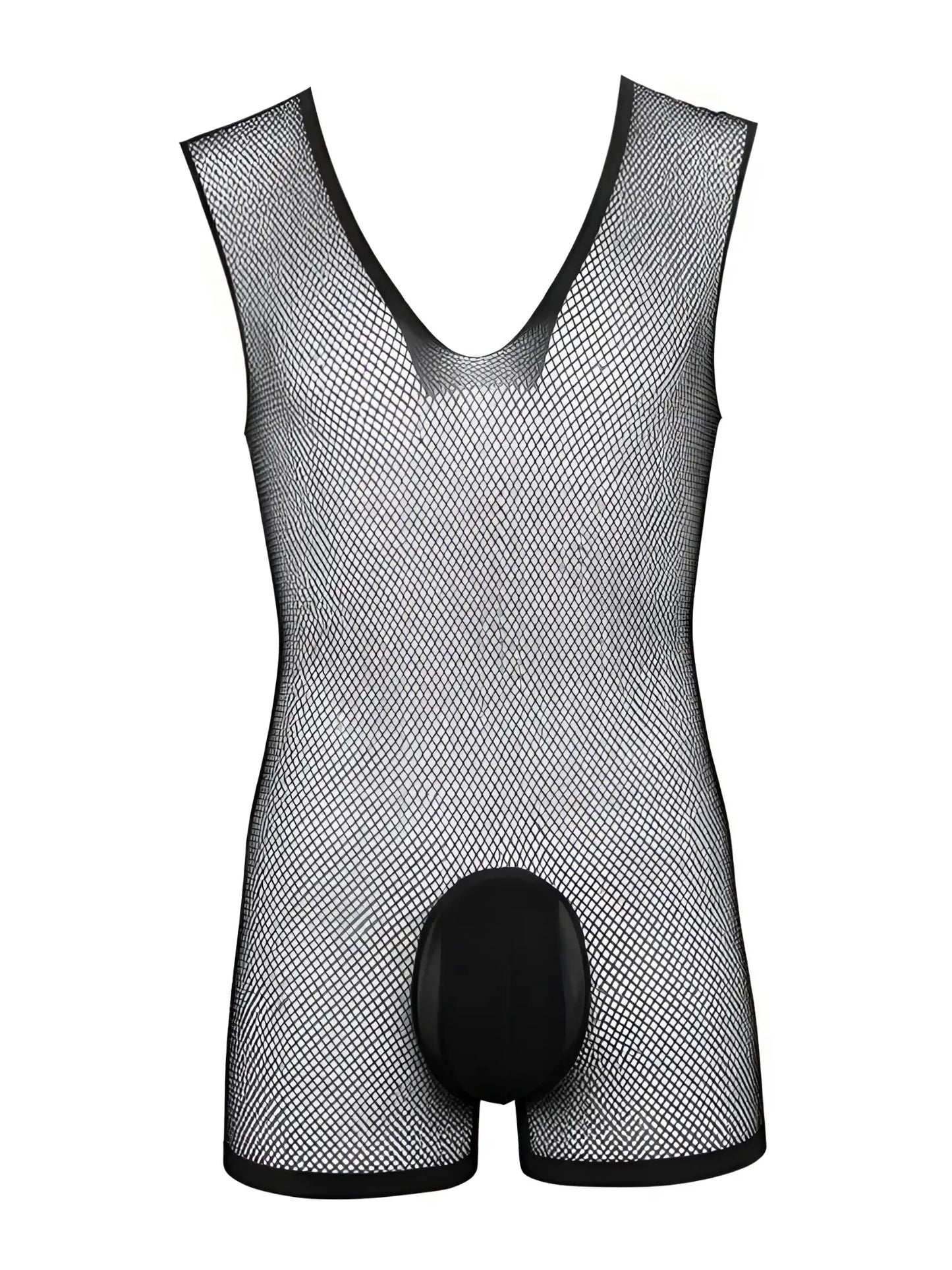 Black fishnet sleeveless bodysuit by CandyMan with a deep V-neck and a solid opaque pouch.