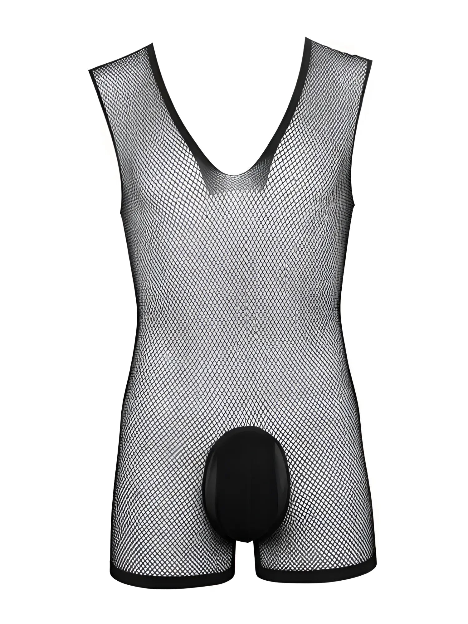 Black fishnet sleeveless bodysuit by CandyMan with a deep V-neck and a solid opaque pouch.