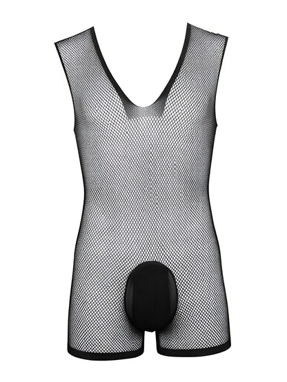 Black fishnet sleeveless bodysuit by CandyMan with a deep V-neck and a solid opaque pouch.