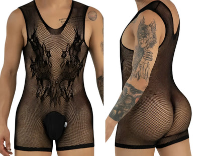 Black CandyMan mesh bodysuit with intricate lace pattern on front, sleeveless design, and solid black crotch pouch.