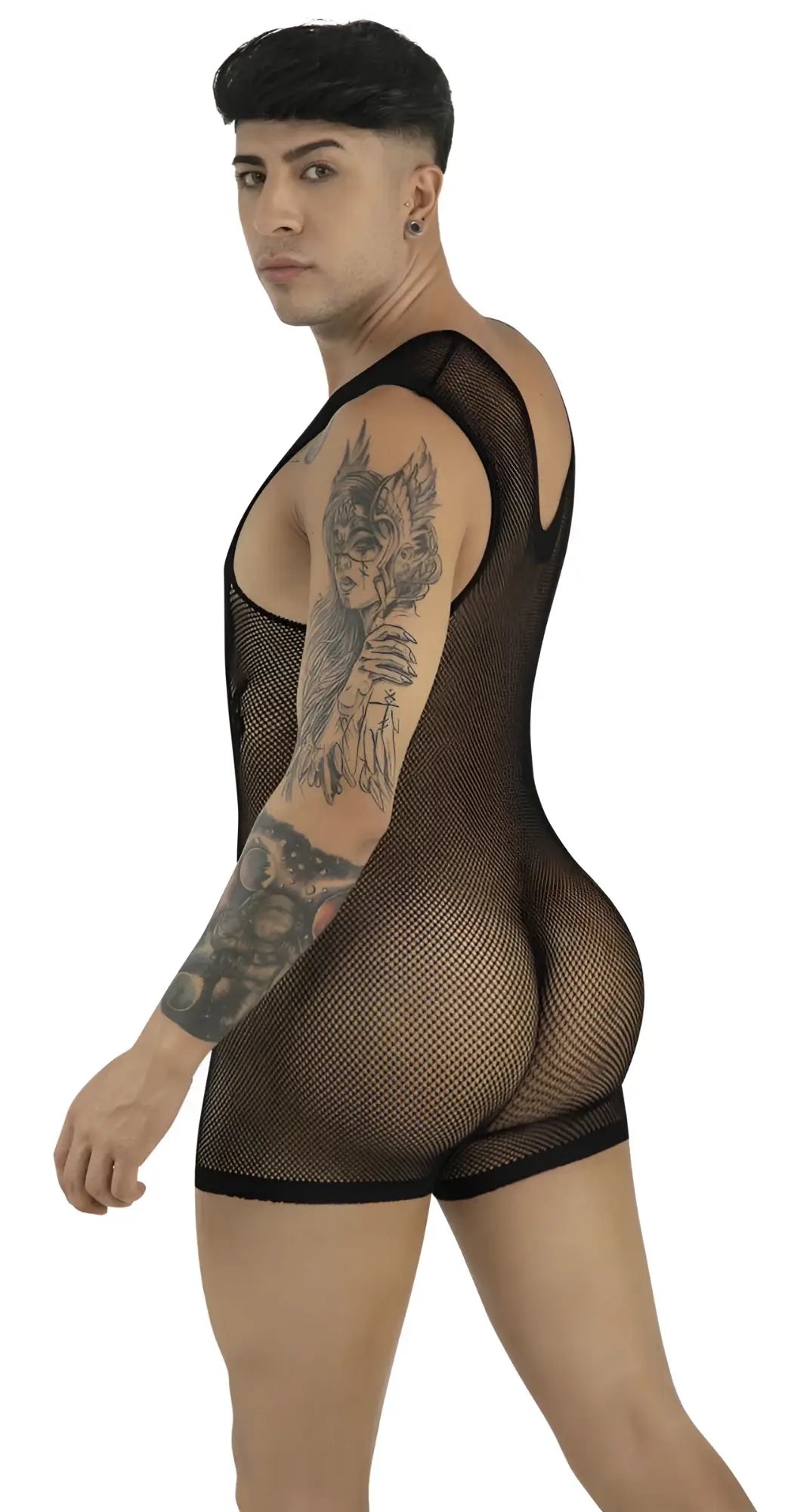 Model wearing a black fishnet sleeveless bodysuit with a tank-top style cut and short leg openings.