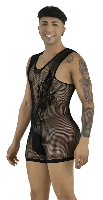 A man wears a black fishnet bodysuit with a scoop neck and a solid opaque pouch.