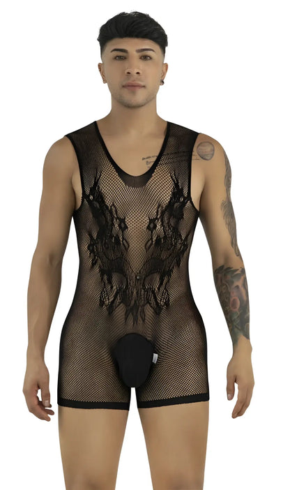 Black CandyMan fishnet bodysuit with intricate lace-like front detailing and a solid fabric pouch.
