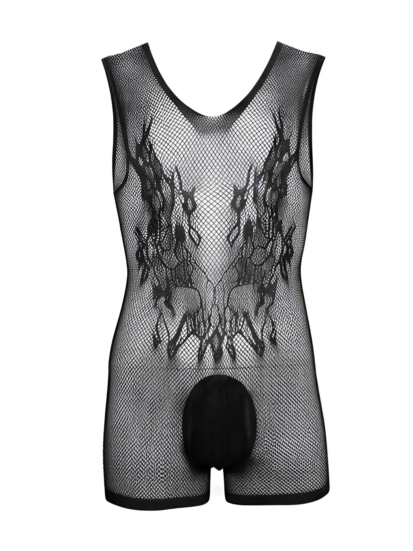 Black CandyMan fishnet bodysuit with sleeveless tank cut, solid pouch, and textured woven pattern on the chest.