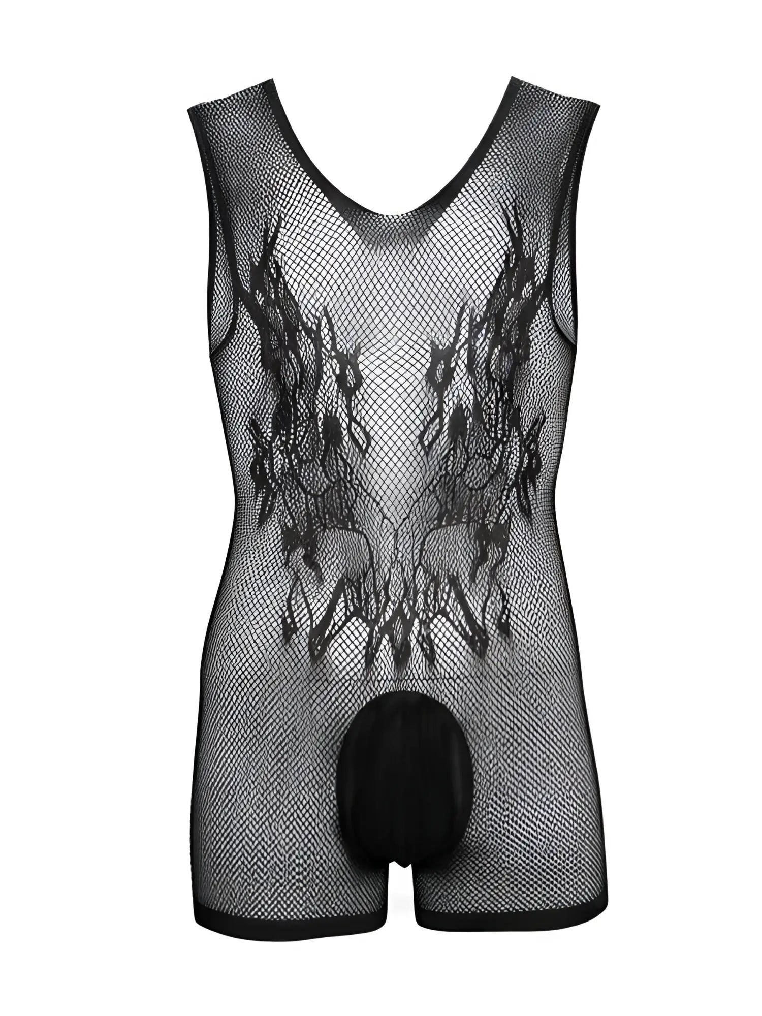 Black CandyMan fishnet bodysuit with sleeveless tank cut, solid pouch, and textured woven pattern on the chest.