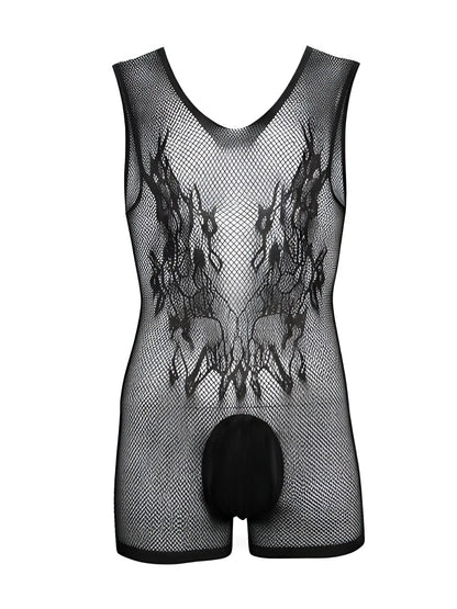 Black CandyMan fishnet bodysuit with sleeveless tank cut, solid pouch, and textured woven pattern on the chest.