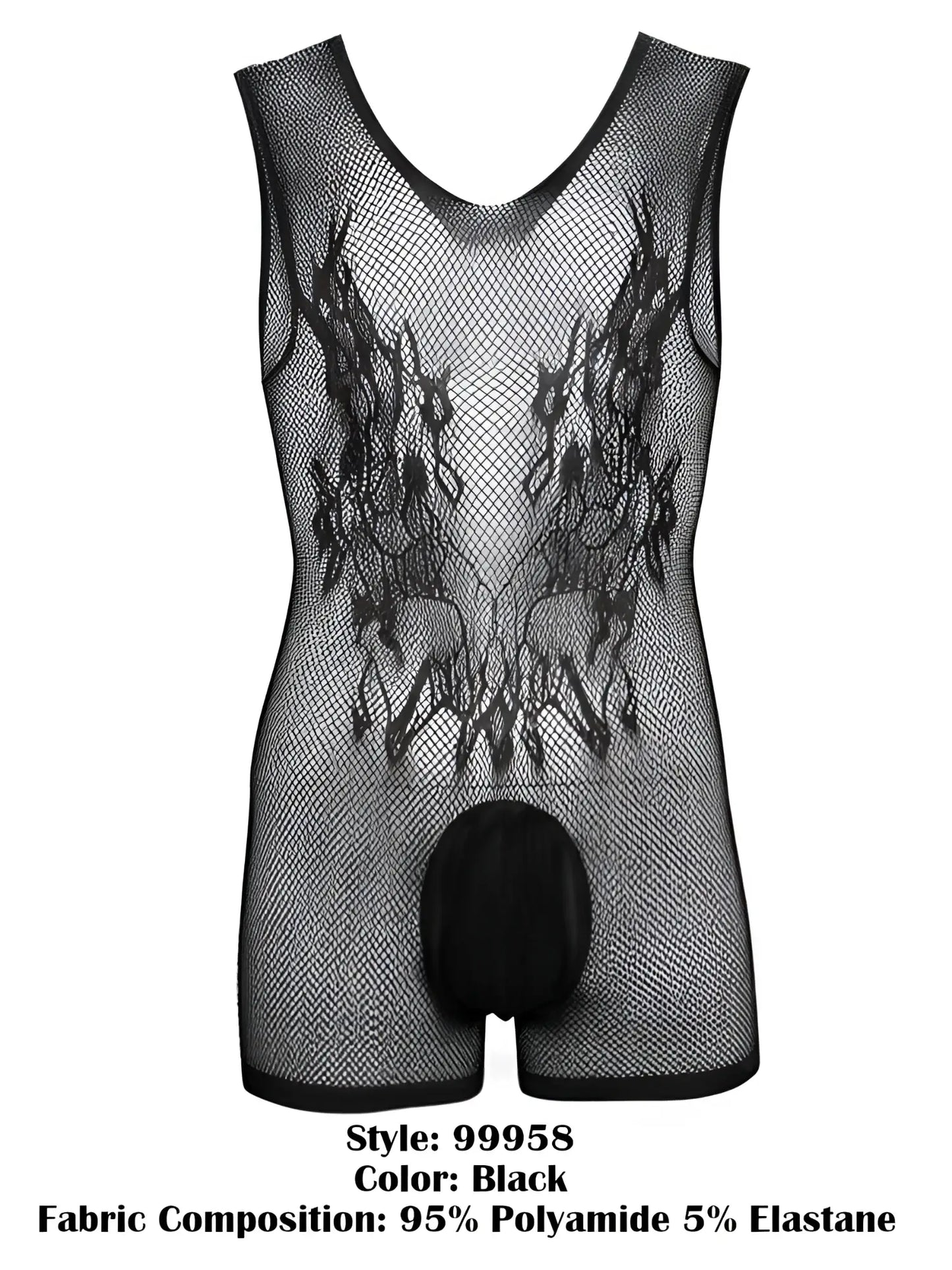 Black CandyMan 99958 fishnet bodysuit with V-neck, sleeveless cut, and solid pouch.