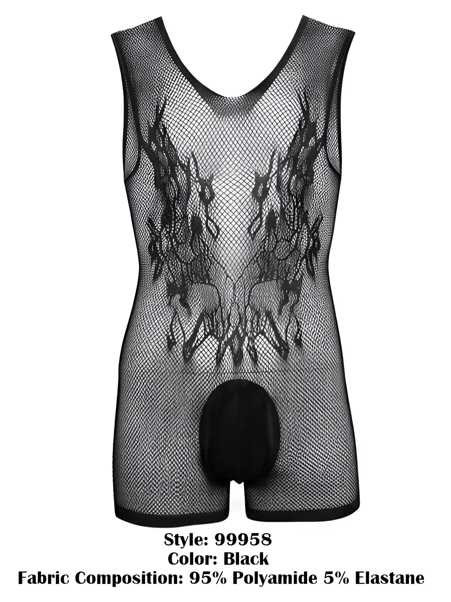 Black CandyMan 99958 fishnet bodysuit with V-neck, sleeveless cut, and solid pouch.