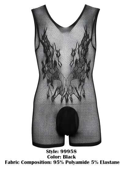 Black CandyMan 99958 fishnet bodysuit with V-neck, sleeveless cut, and solid pouch.