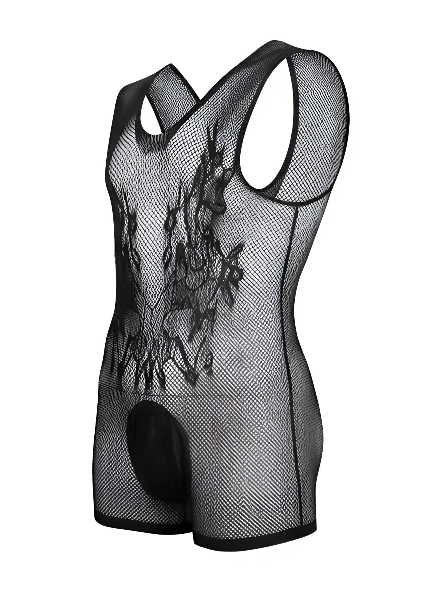 Black CandyMan fishnet bodysuit with racerback style, short leg cut, and patterned front detail.