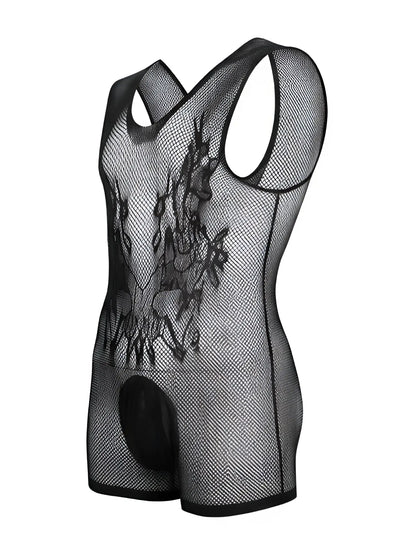 Black CandyMan fishnet bodysuit with racerback style, short leg cut, and patterned front detail.