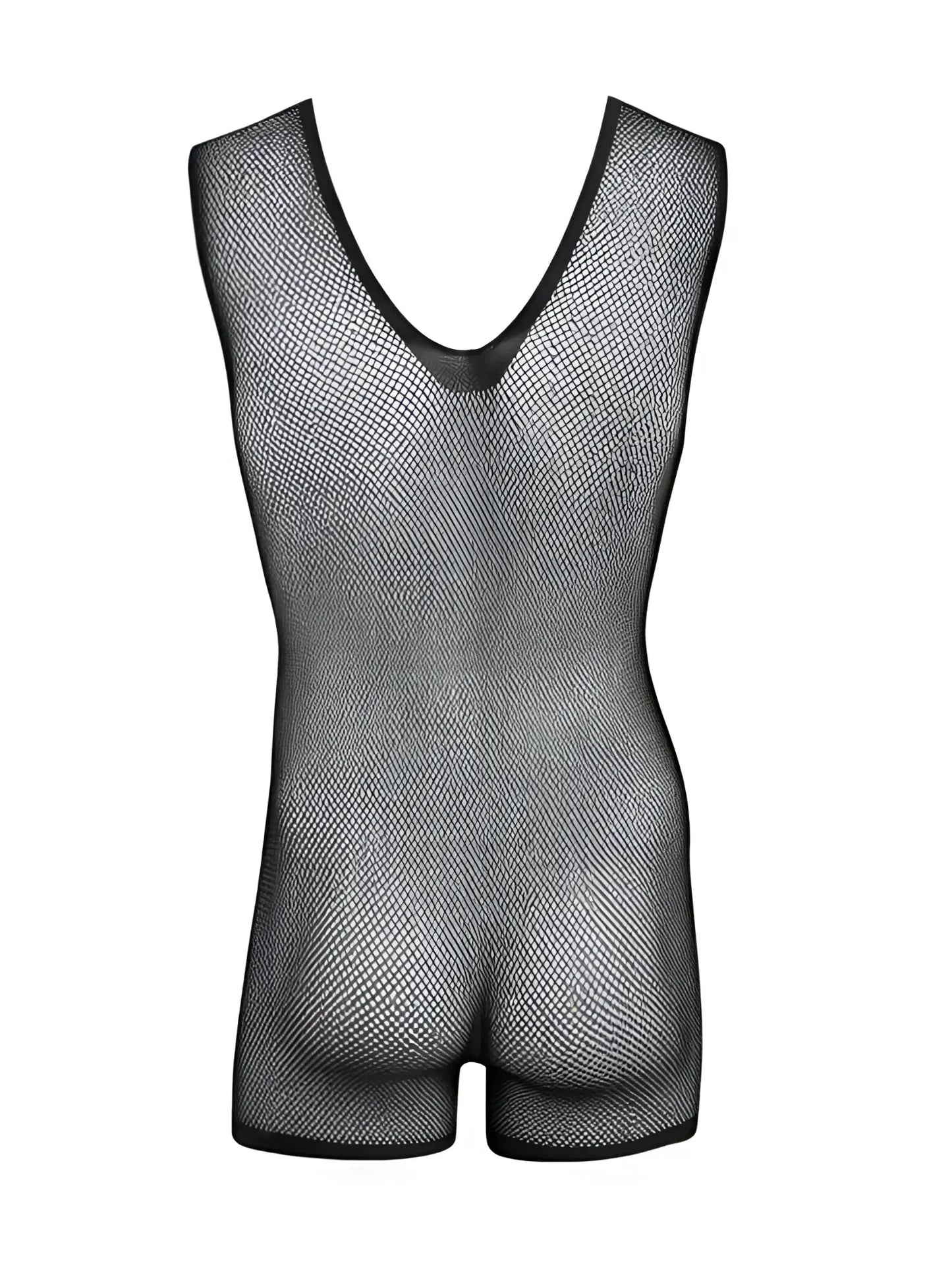 Black mesh sleeveless bodysuit with a V-neckline and short leg cut.