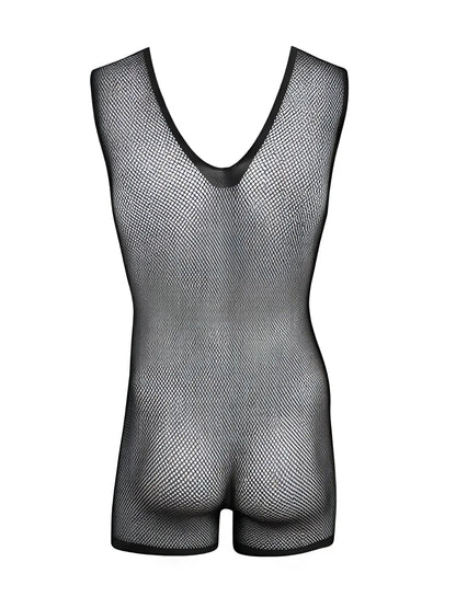 Black mesh sleeveless bodysuit with a V-neckline and short leg cut.
