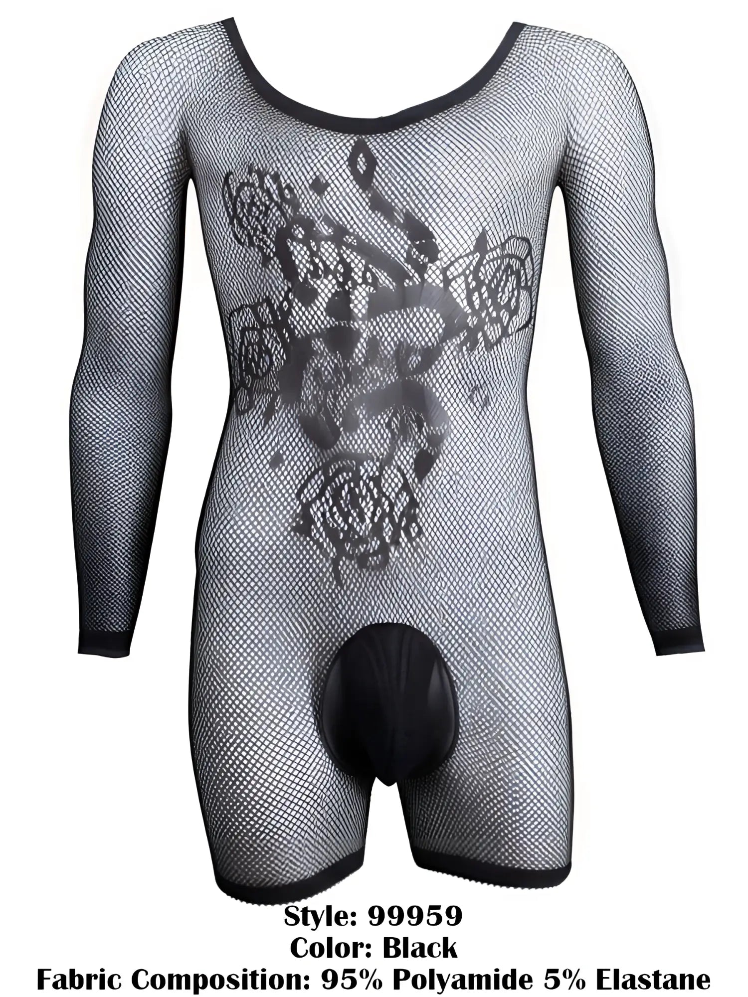 CandyMan black fishnet bodysuit with long sleeves, scoop neck, rose pattern detail, and a solid black pouch.
